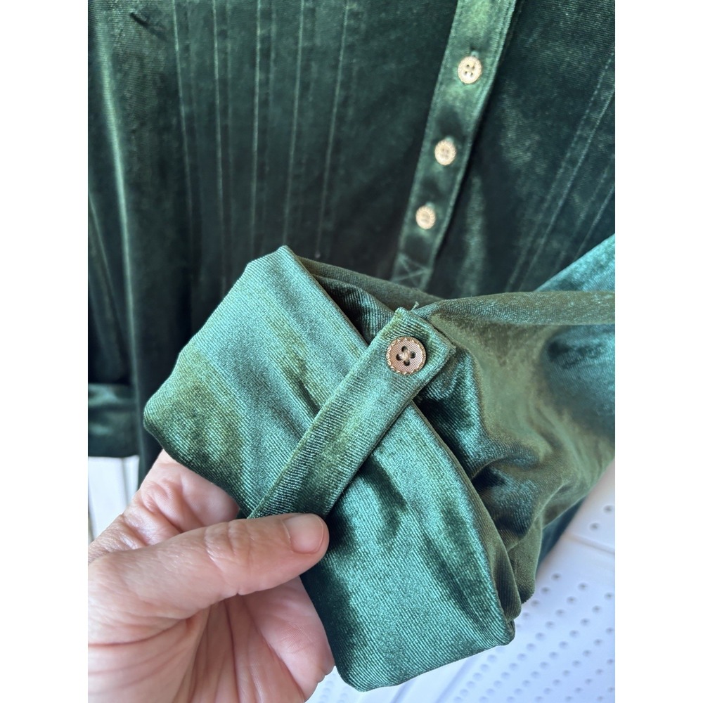 Kim Rogers Womens M Velvet Green V Neck Henley Pleated Tunic Blouse 3/4 SLV - Picture 4 of 6